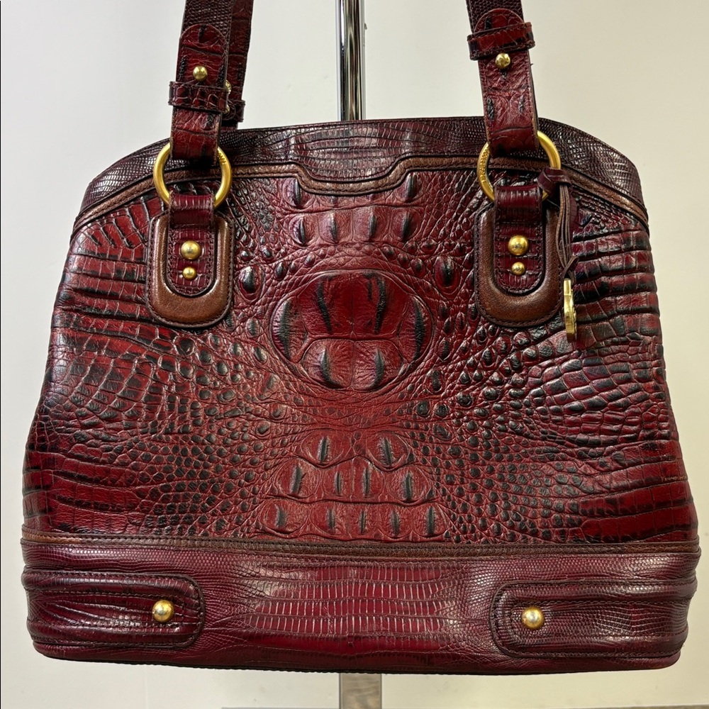 Brahmin Satchel Shoulder Bag – Pecan Croc Embossed Leather Burgundy Red